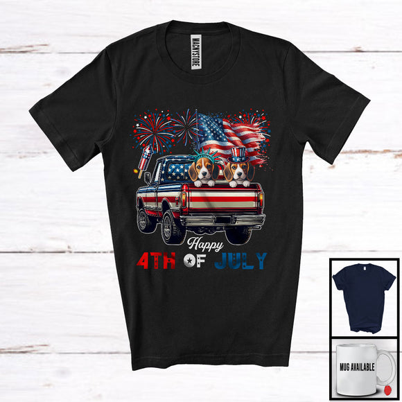 MacnyStore - Happy 4th Of July, Adorable Two Beagle On Pickup Truck, American Flag Fireworks Patriotic T-Shirt