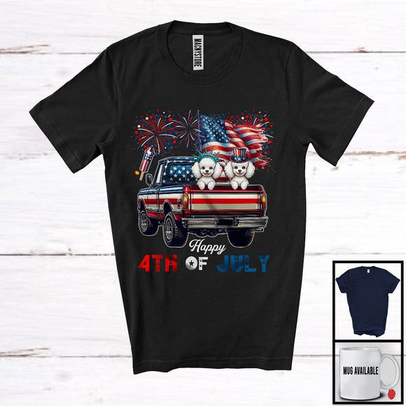 MacnyStore - Happy 4th Of July, Adorable Two Poodle On Pickup Truck, American Flag Fireworks Patriotic T-Shirt