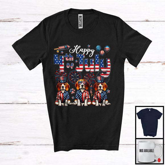 MacnyStore - Happy 4th Of July, Amazing Independence Day Three American Flag Beagle, Patriotic Fireworks T-Shirt