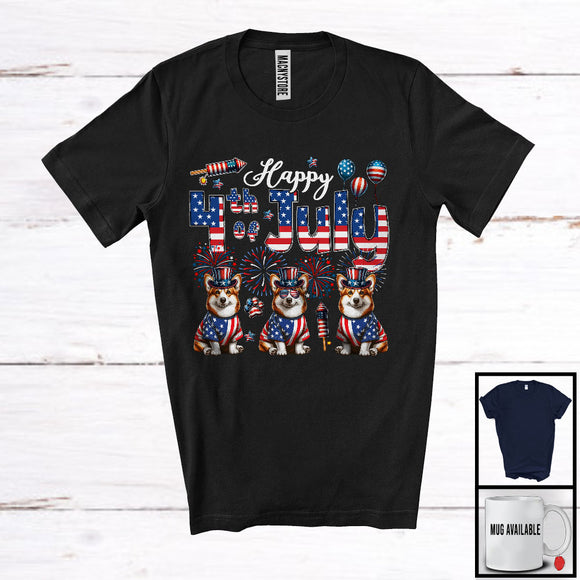 MacnyStore - Happy 4th Of July, Amazing Independence Day Three American Flag Corgi, Patriotic Fireworks T-Shirt