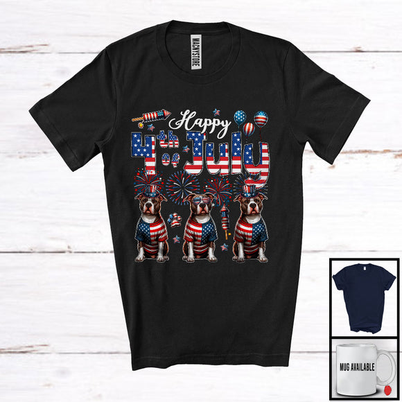 MacnyStore - Happy 4th Of July, Amazing Independence Day Three American Flag Pit Bull, Patriotic T-Shirt