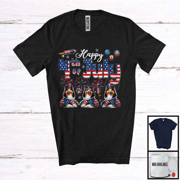 MacnyStore - Happy 4th Of July, Amazing Independence Day Three American Flag Shetland Sheepdog, Patriotic T-Shirt