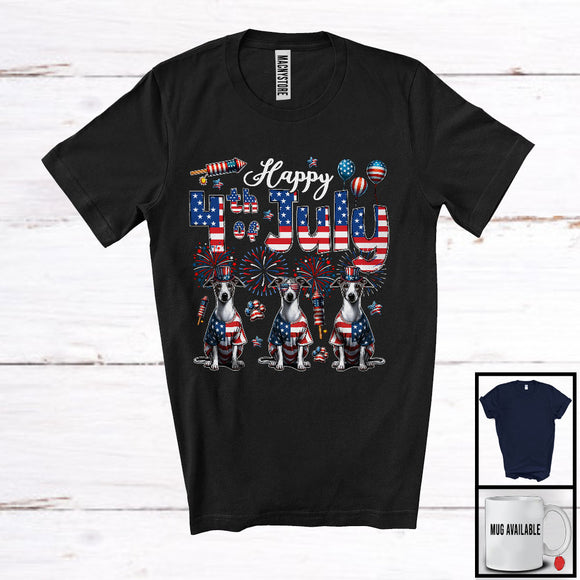 MacnyStore - Happy 4th Of July, Amazing Independence Day Three American Flag Whippet, Patriotic Fireworks T-Shirt