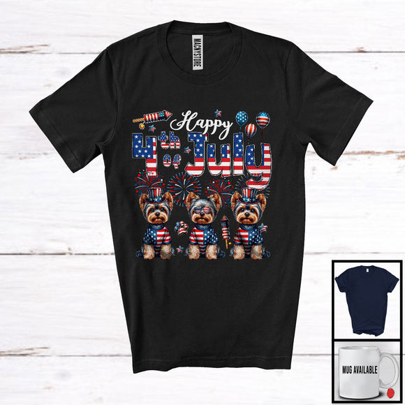 MacnyStore - Happy 4th Of July, Amazing Independence Day Three American Flag Yorkshire Terrier, Patriotic T-Shirt