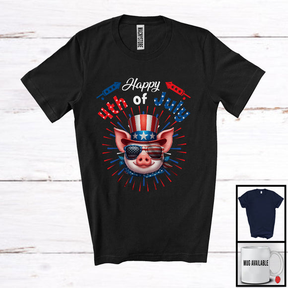 MacnyStore - Happy 4th Of July, Humorous American Flag Pig Face Sunglasses, Farm Farmer Patriotic T-Shirt
