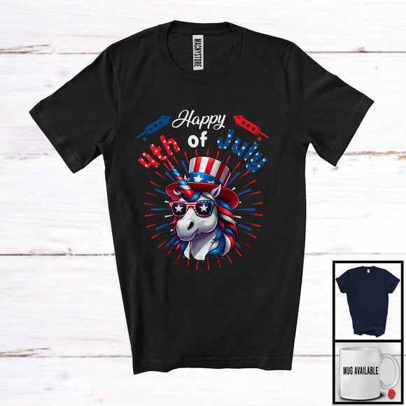 MacnyStore - Happy 4th Of July, Humorous American Flag Unicorn Face Sunglasses, Unicorn Lover Patriotic T-Shirt