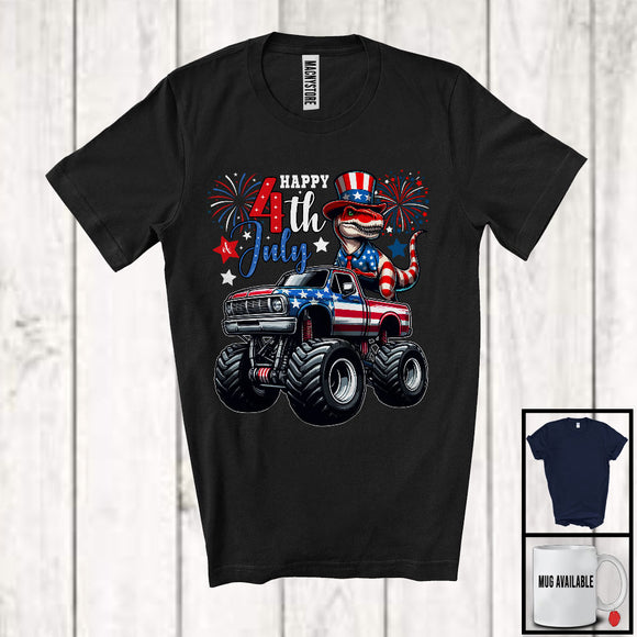 MacnyStore - Happy 4th Of July, Humorous T-Rex on Monster Truck, American Flag Fireworks Patriotic Group T-Shirt