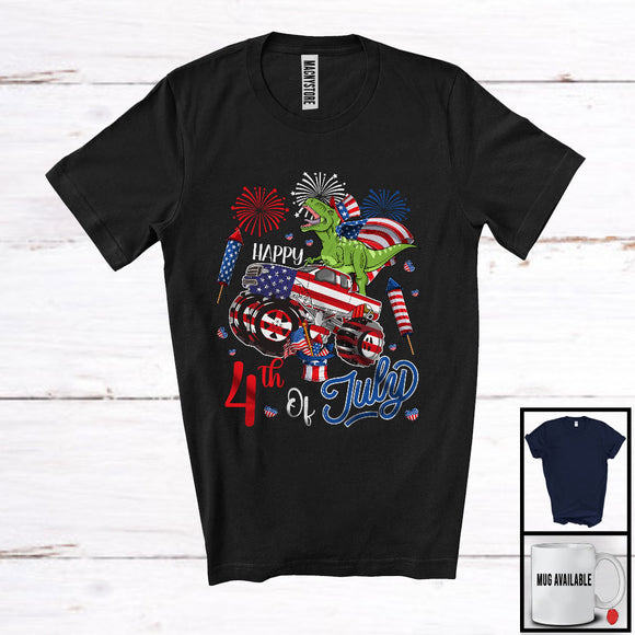 MacnyStore - Happy 4th Of July, Joyful Independence Day T-Rex On Monster Truck, American Flag Patriotic T-Shirt