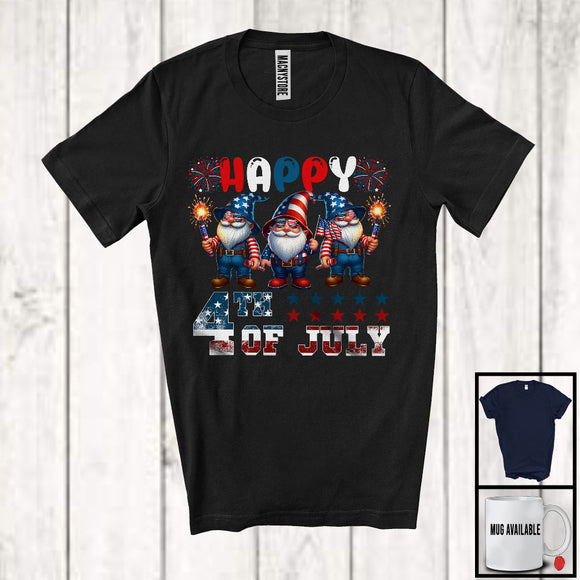 MacnyStore - Happy 4th Of July, Lovely 4th Of July Three Gnomes American Flag, Patriotic Group Fireworks T-Shirt