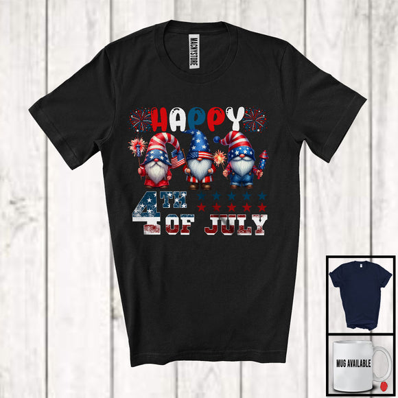 MacnyStore - Happy 4th Of July, Lovely Independence Day Three Gnomes American Flag, Patriotic Group T-Shirt