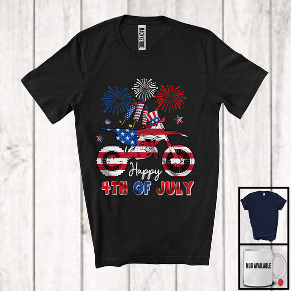 MacnyStore - Happy 4th Of July, Proud Independence Day Dirt Bike American Flag, Fireworks Family Patriotic T-Shirt