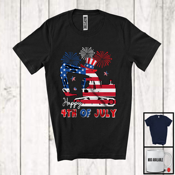 MacnyStore - Happy 4th Of July, Proud Independence Day Excavator American Flag, Fireworks Family Patriotic T-Shirt