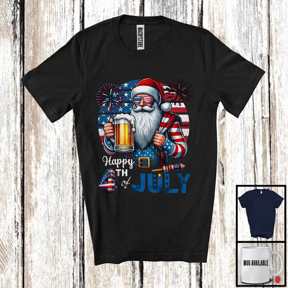 MacnyStore - Happy 4th Of July, Proud Independence Day Santa Drinking Beer, American Flag Drunker Patriotic T-Shirt