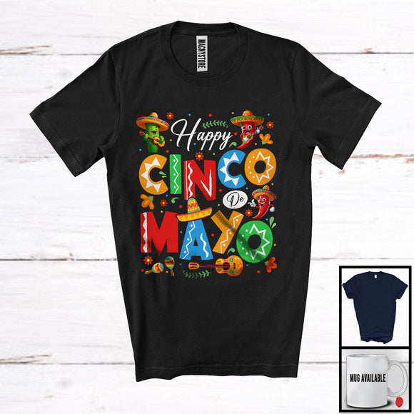 MacnyStore - Happy Cinco De Mayo, Lovely Mexican Chili Cactus Sombrero Guitar, Proud Mexican Family T-Shirt