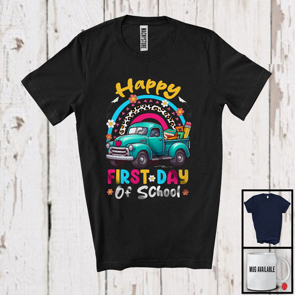 MacnyStore - Happy First Day Of School, Adorable Pickup Truck Leopard Flowers Rainbow, Student Teacher T-Shirt