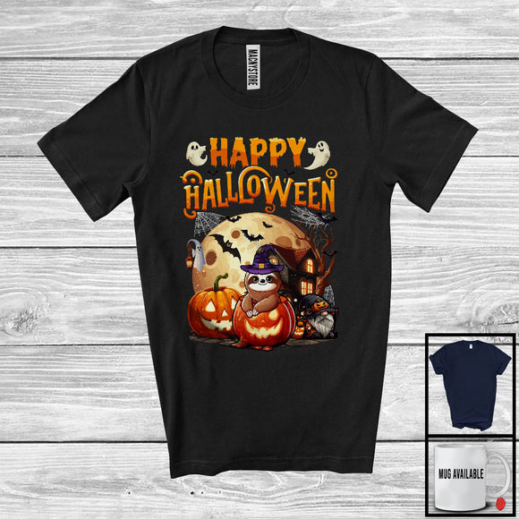 MacnyStore - Happy Halloween, Adorable Halloween Costume Sloth Witch, Moon Pumpkin Wild Animal Lover T-Shirt