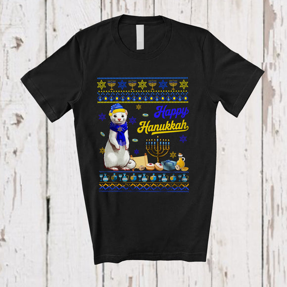 MacnyStore - Happy Hanukkah; Adorable Chanukah White Weasel With Menorah Lover; Sweater Family Group T-Shirt