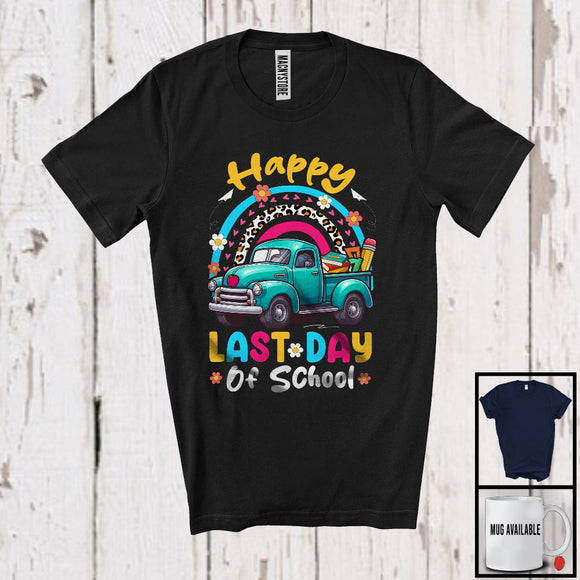 MacnyStore - Happy Last Day Of School, Adorable Pickup Truck Leopard Flowers Rainbow, Student Teacher T-Shirt