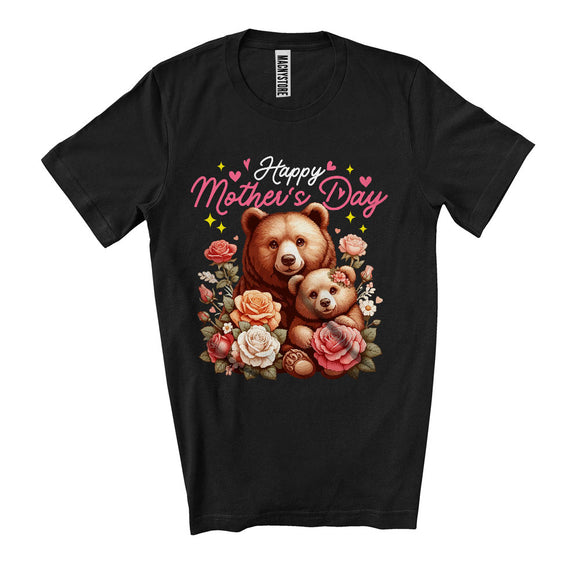 MacnyStore - Happy Mother's Day, Adorable Bear Mom And Baby Flowers, Wild Animal Matching Family T-Shirt