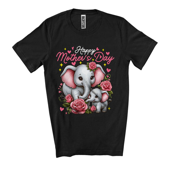 MacnyStore - Happy Mother's Day, Adorable Elephant Mom And Baby Flowers, Wild Animal Matching Family T-Shirt