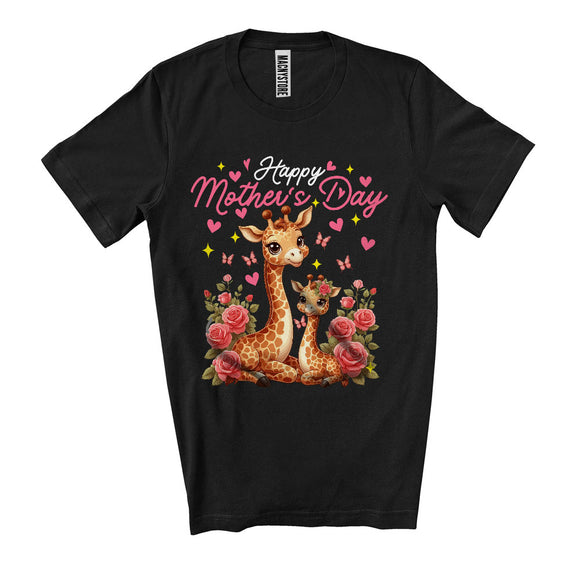 MacnyStore - Happy Mother's Day, Adorable Giraffe Mom And Baby Flowers, Wild Animal Matching Family T-Shirt