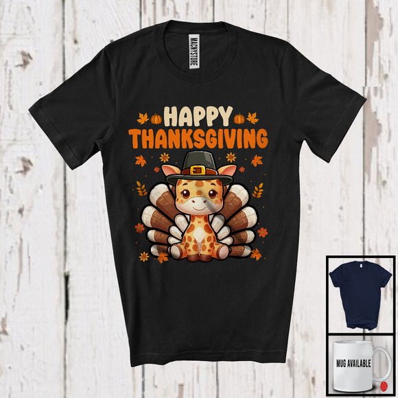 MacnyStore - Happy Thanksgiving, Lovely Pilgrim Turkey Giraffe Matching Wild Animal Lover, Fall Leaves T-Shirt