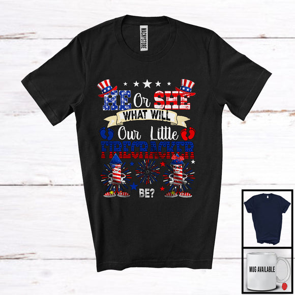 MacnyStore - He Or She What Will Our Little Firecracker Be, Amazing 4th Of July Gender Reveal, US Flag Family T-Shirt
