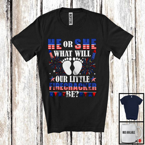 MacnyStore - He Or She What Will Our Little Firecracker Be, Cheerful Gender Reveal 4th Of July, Fireworks Patriotic T-Shirt