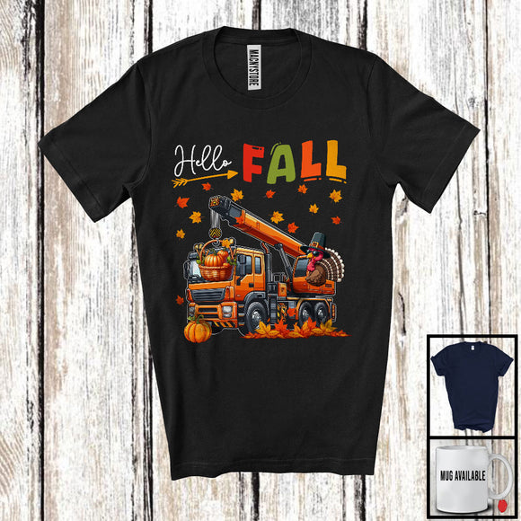 MacnyStore - Hello Fall Orange; Adorable Thanksgiving Turkey Driving Crane Truck DriverAutumn Fall Leaves T-Shirt