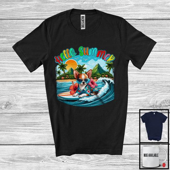 MacnyStore - Hello Summer, Lovely Summer Vacation Chihuahua Surfing Lover, Surfer Puppy Owner Group T-Shirt