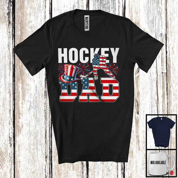 MacnyStore - Hockey Dad, Amazing Father's Day 4th Of July American Flag, Sport Player Team Patriotic T-Shirt