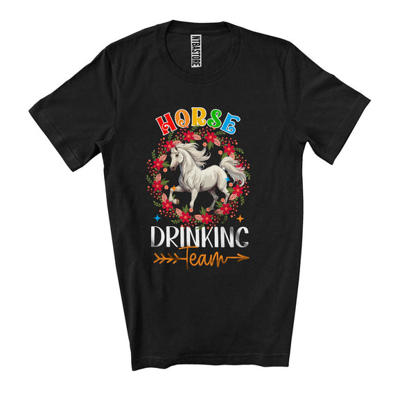 MacnyStore - Horse Drinking Team, Cheerful Mother's Day Flowers Circle Horse Lover, Matching Drunker Group T-Shirt
