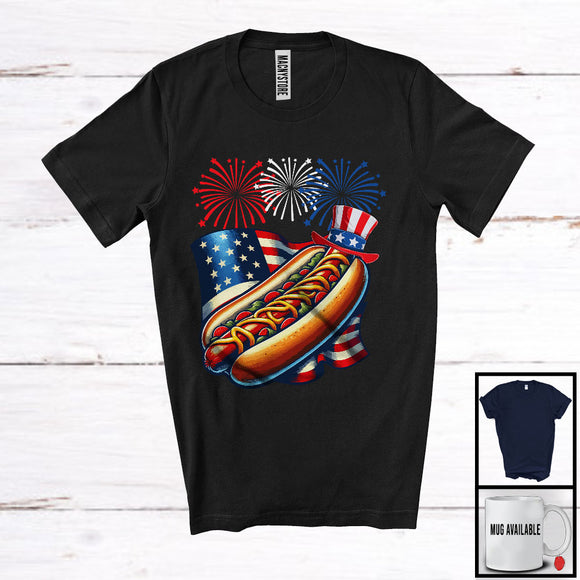MacnyStore - Hot Dog With American Flag Fireworks, Humorous 4th Of July Patriotic Group, Food Lover T-Shirt