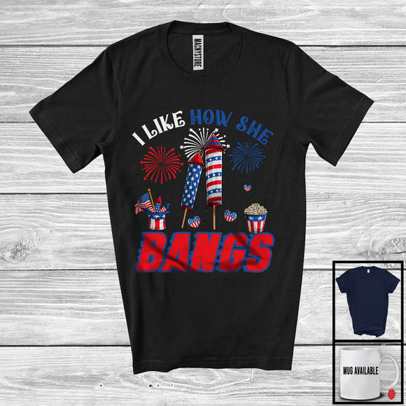 MacnyStore - I Like How She Bangs, Humorous 4th Of July Firecrackers Fireworks, Matching Couple Patriotic T-Shirt