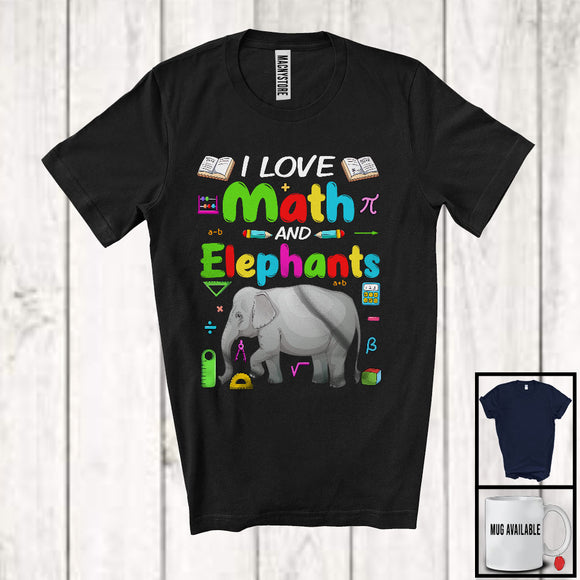 MacnyStore - I Love Math And Elephants, Colorful Elephants Animal Lover, Matching Math Teacher Student Team T-Shirt
