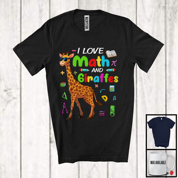 MacnyStore - I Love Math And Giraffes, Colorful Giraffes Animal Lover, Matching Math Teacher Student Team T-Shirt