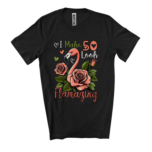MacnyStore - I Make 50 Look Flamazing, Humorous 50th Birthday Flamingo Lover Flowers, Matching Family T-Shirt