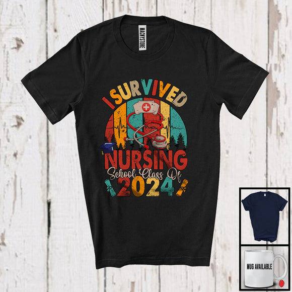 MacnyStore - I Survived Nursing School Class Of 2024, Humorous Graduation Vintage Retro, Graduate Group T-Shirt