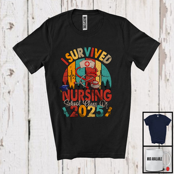 MacnyStore - I Survived Nursing School Class Of 2025, Humorous Graduation Vintage Retro, Graduate Group T-Shirt