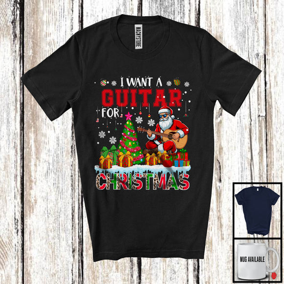 MacnyStore - I Want A Guitar For Christmas, Adorable X-mas Tree Santa Playing Guitar, Musical Instruments T-Shirt