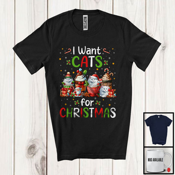 MacnyStore - I Want Cats; Wonderful Christmas Santa Cat With Hot Coffee; Animal Lover X-mas Group T-Shirt
