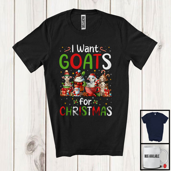 MacnyStore - I Want Goats; Wonderful Christmas Santa Goat With Hot Coffee; Animal Lover X-mas Group T-Shirt