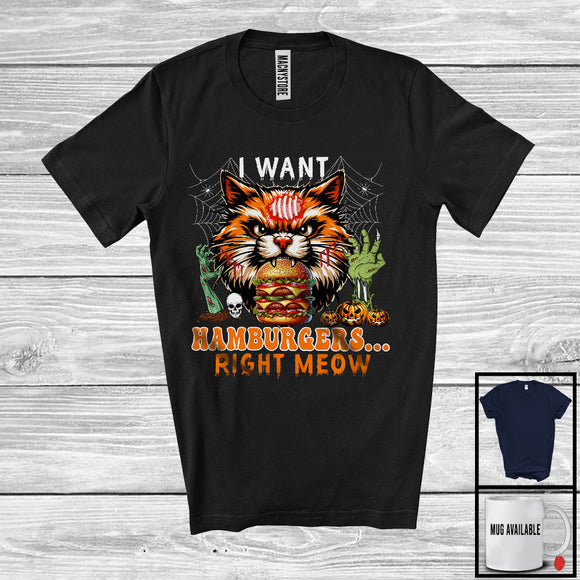 MacnyStore - I Want Hamburgers Right Meow, Humorous Halloween Costume Zombie Cat Face, Food Animal Lover T-Shirt