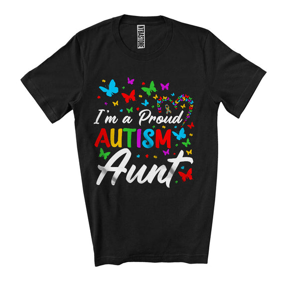 MacnyStore - I'm A Proud Autism Aunt, Lovely Autism Awareness Puzzle Butterflies Heart, Family Group T-Shirt
