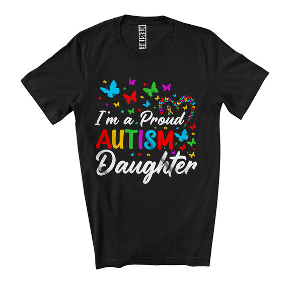 MacnyStore - I'm A Proud Autism Daughter, Lovely Autism Awareness Puzzle Butterflies Heart, Family Group T-Shirt