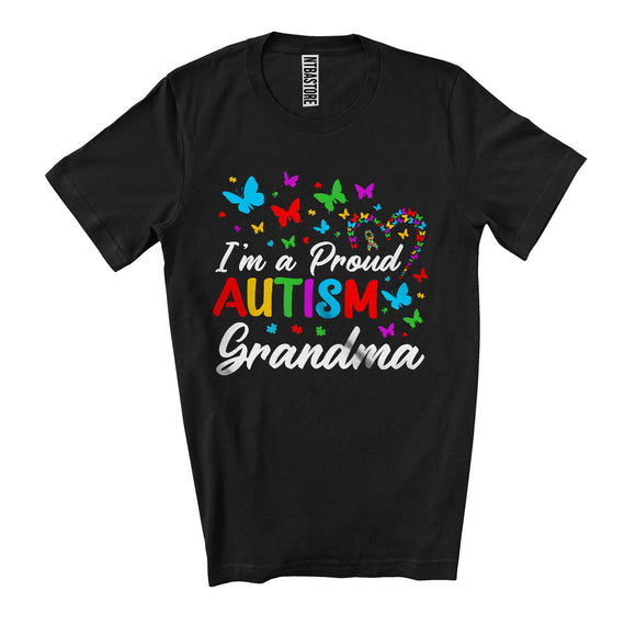 MacnyStore - I'm A Proud Autism Grandma, Lovely Autism Awareness Puzzle Butterflies Heart, Family Group T-Shirt