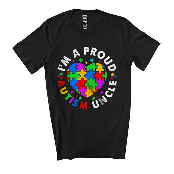 MacnyStore - I'm A Proud Autism Uncle, Lovely Autism Awareness Puzzle Ribbon Heart Shape, Family Group T-Shirt