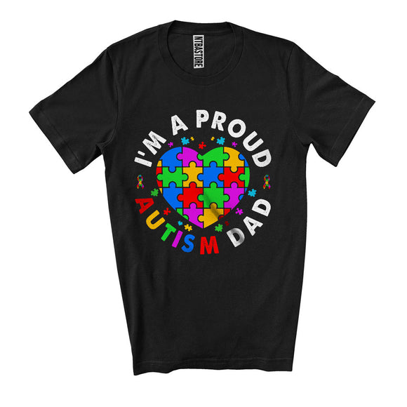 MacnyStore - I'm A Proud Autism Dad, Lovely Autism Awareness Puzzle Ribbon Heart Shape, Family Group T-Shirt