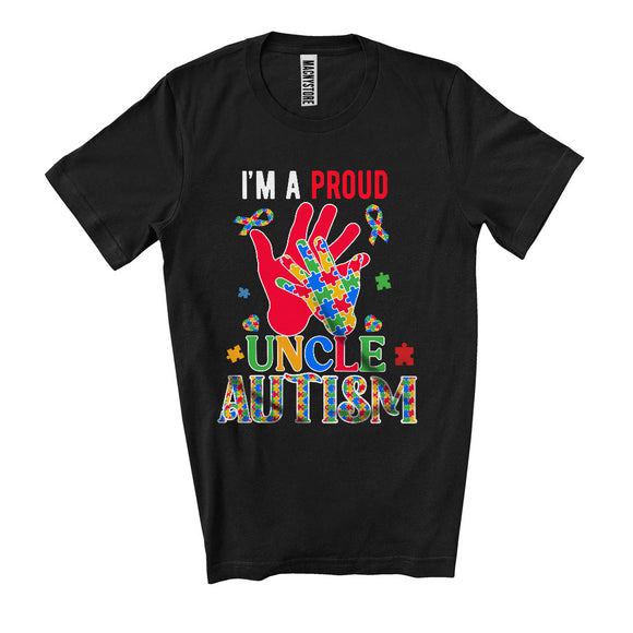 MacnyStore - I'm A Proud Uncle Autism, Lovely Autism Awareness Puzzle Heart Hands, Family Group T-Shirt