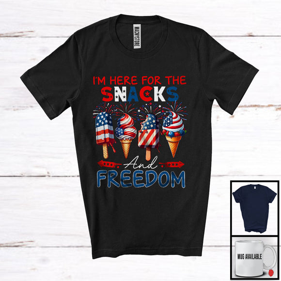 MacnyStore - I'm Here For The Snacks And Freedom, Amazing 4th Of July Three Ice Cream Cones, Patriotic T-Shirt